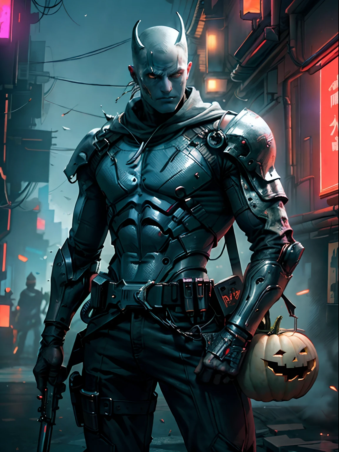 Moon-knight from marvel carrying a pumpkin, Halloween theme,(top-quality、8K、32K、masterpiece、nffsw:1.3)、(The ultra -The high-definition)、(Photorealsitic:1.4)、Raw photography,Perfect eyes,Charming perfect figure,actionpose:1.2,Detailed cyberpunk fashion、World of Cyberpunk,depth of fields,blurry backround,、