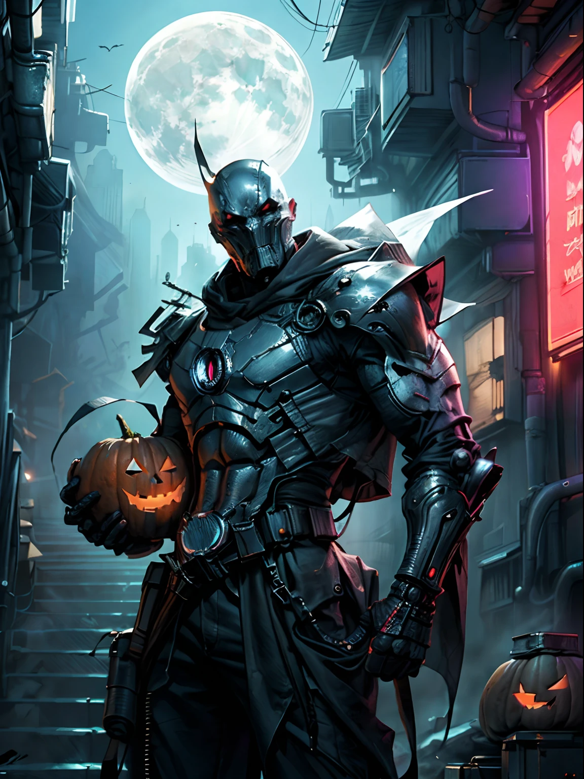 Moon-knight from marvel carrying a pumpkin, Halloween theme,(top-quality、8K、32K、​masterpiece、nffsw:1.3)、(The ultra -The high-definition)、(Photorealsitic:1.4)、Raw photography,Perfect eyes,Charming perfect figure,actionpose:1.2,Detailed cyberpunk fashion、World of Cyberpunk,depth of fields,blurry backround,、