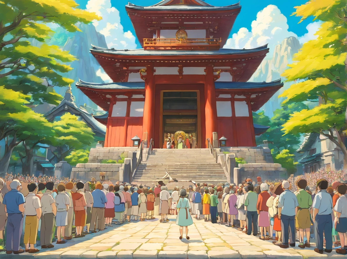 People bow down in front of the temple