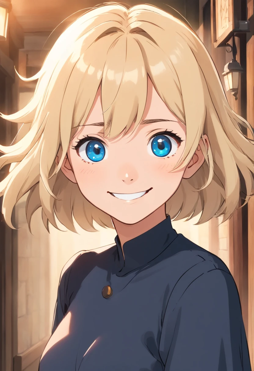 Blonde woman with blue eyes and a black top smiling for the camera, imagem de perfil, Foto do perfil, Foto de perfil do headshot, 38 anos, 3 6 anos, 4 0 anos, 3 2 anos, taken in the early 2020s, sorriso atrevido, mulher de 30 anos, 3 0 anos de idade mulher, happily smiling at the camera