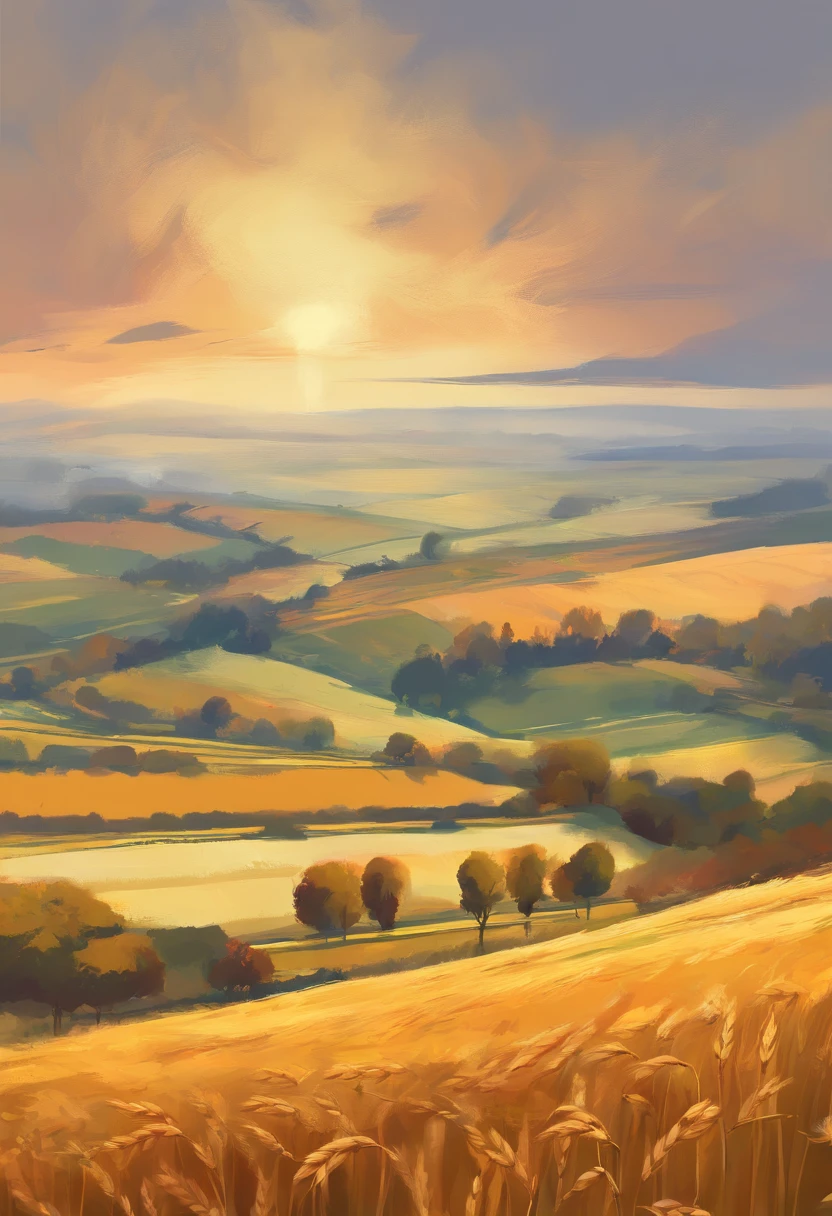 digital art oil painting，Wheat fields in autumn