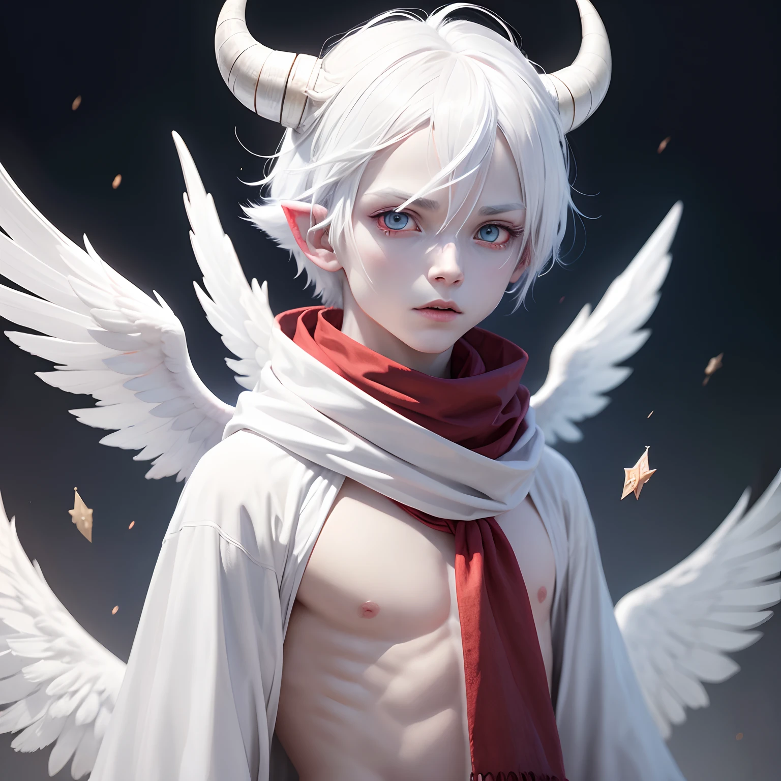 Demon Boy, White colored hair, red - eyed, A blue scarf is wrapped around his neck, Ancient white clothing, White horns, Devilish white tail，There is hair at the end, Long ears, White Skin Skin, big white wings, Hanging in space.