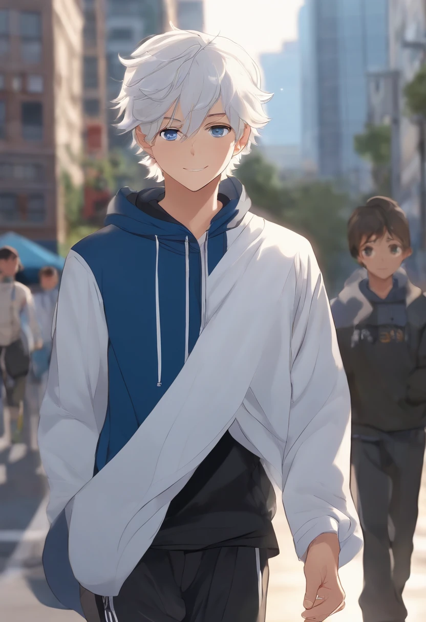 1boy, , tall, Gojo Satoru, white hair, blue eyes, jogging at a city, early morning, facing at the person, smiling, encouraging.