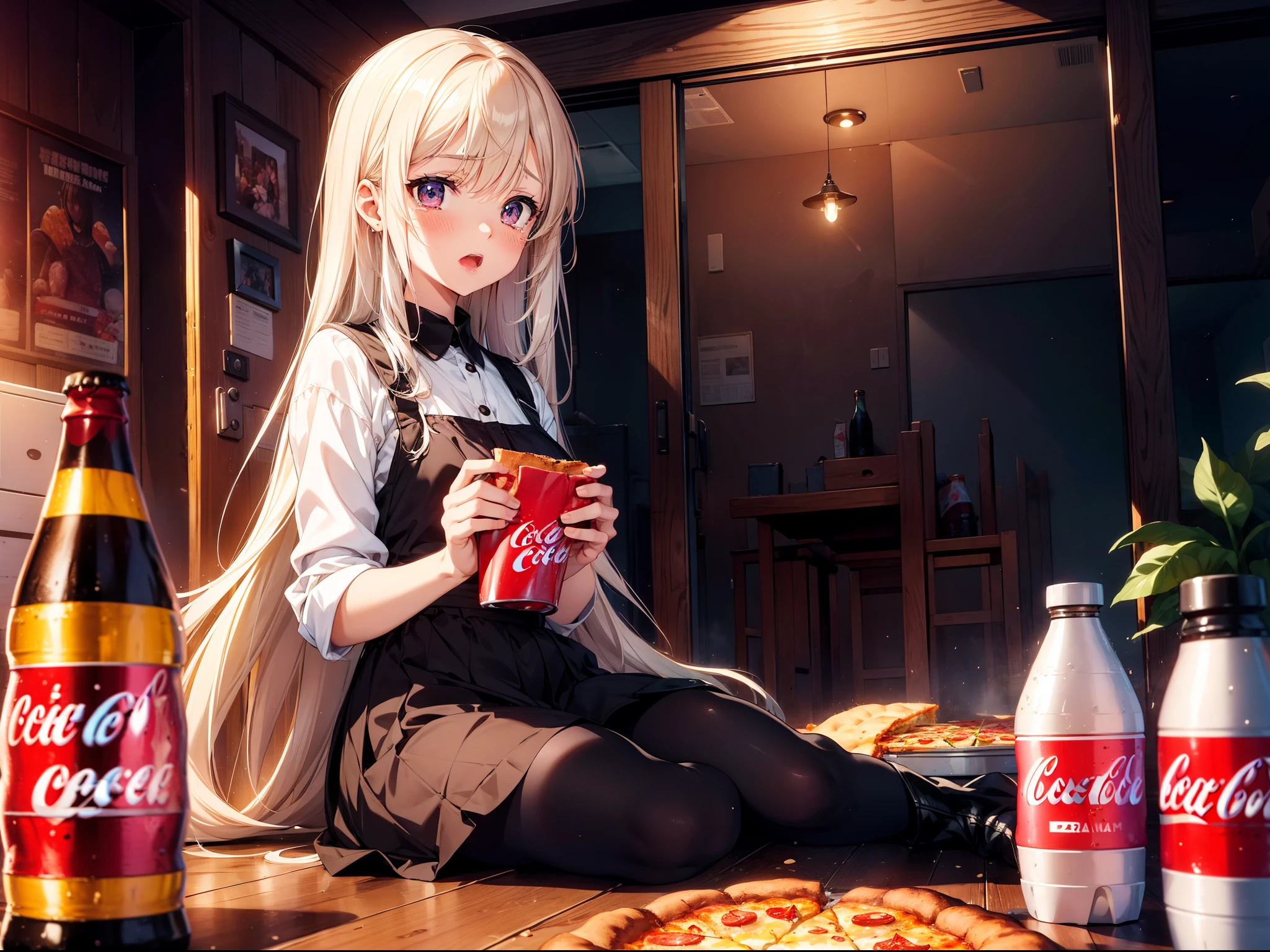 1 cute girl, sitting floor,watching home theater, upper body, character focus ,close to viewer, (coke, plastic bottles), chips , pizza , open mouth,blush, tears, dark room , high resolution,(incredibly absurdres), (hires.fix:1.3),anime visual,extremely detailed CG unity 8k wallpaper, ((masterpiece)), ((top-quality)), (beautiful illustration), ((an extremely delicate and beautiful))