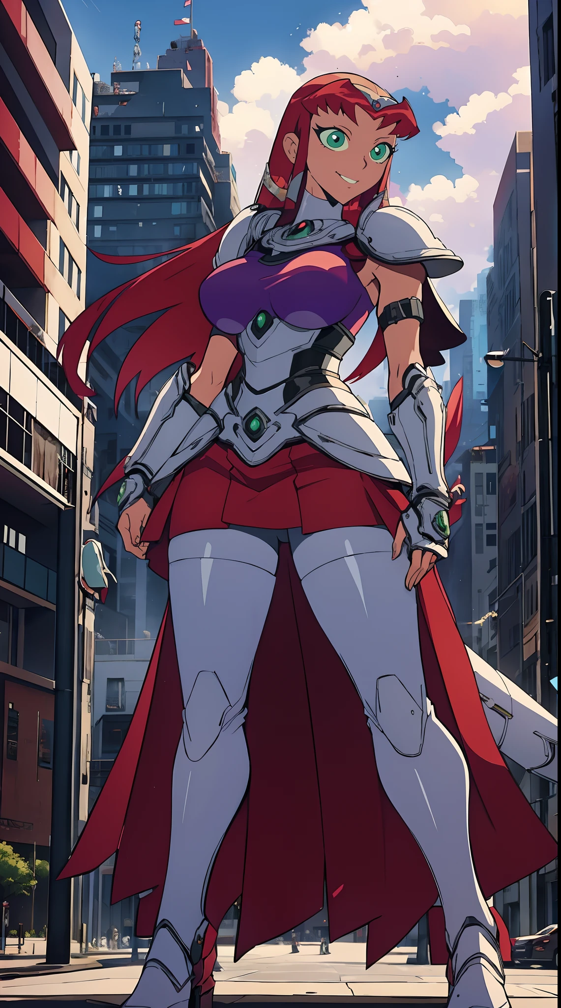  titans, Starfire, anime, masterpiece, 1girl, ((bimbo))), smile face, green eyes, long red hair, , wide hips, thick thigh, big breast, huge ass, shiny skin, purple skirt, purple top, full body, /upscale (icone de um jogo), (icone de peitoral : 1.5), um peitoral , peitoral marrom, chest plate, peitoral pesada marrom, peitoral grosso, peitoral de Armadura intrincada, peitoral de armadura de fantasia pesada, peitoral detalhado, armadura ornamentada, peitoral de Armadura Paladina, peitoral dearmadura de batalha, intrincada peitoral, pants, body suit, sentai armor, metal hero,pants