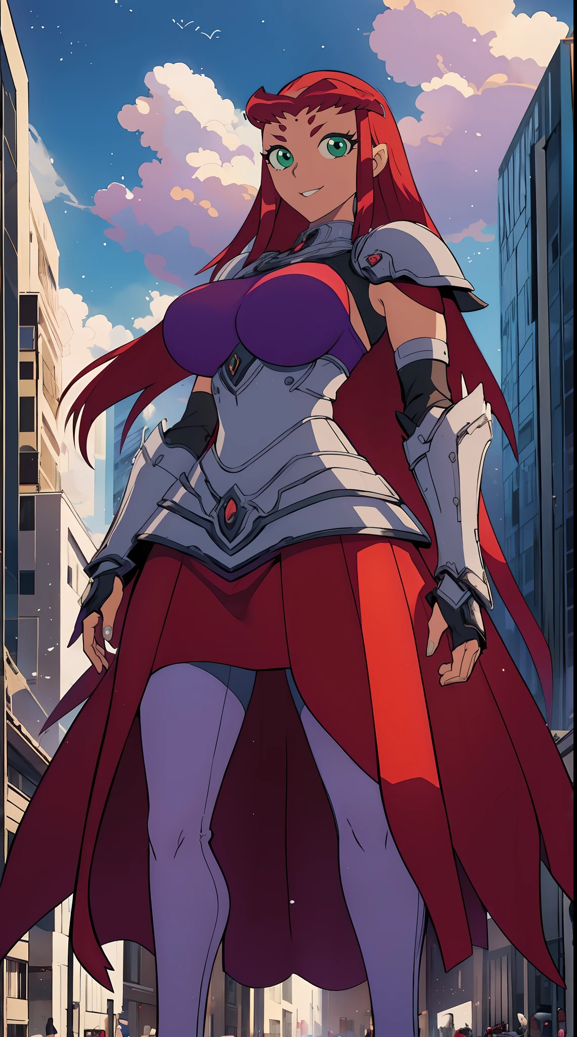 Teen titans, Starfire, anime, masterpiece, 1girl, ((bimbo))), smile face, green eyes, long red hair, , wide hips, thick thigh, big breast, huge ass, shiny skin, purple skirt, purple top, full body, /upscale (icone de um jogo), (icone de peitoral : 1.5), um peitoral , peitoral marrom, chest plate, peitoral pesada marrom, peitoral grosso, peitoral de Armadura intrincada, peitoral de armadura de fantasia pesada, peitoral detalhado, armadura ornamentada, peitoral de Armadura Paladina, peitoral dearmadura de batalha, intrincada peitoral, pants, body suit, sentai armor, metal hero,pants