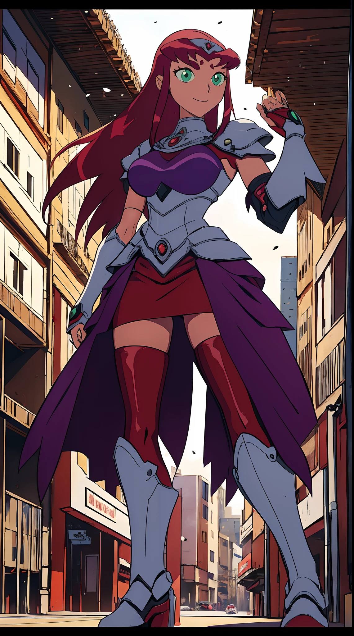  titans, Starfire, anime, masterpiece, 1girl, ((bimbo))), smile face, green eyes, long red hair, , wide hips, thick thigh, big breast, huge ass, shiny skin, purple skirt, purple top, full body, /upscale (icone de um jogo), (icone de peitoral : 1.5), um peitoral , peitoral marrom, chest plate, peitoral pesada marrom, peitoral grosso, peitoral de Armadura intrincada, peitoral de armadura de fantasia pesada, peitoral detalhado, armadura ornamentada, peitoral de Armadura Paladina, peitoral dearmadura de batalha, intrincada peitoral, pants, body suit, sentai armor, metal hero