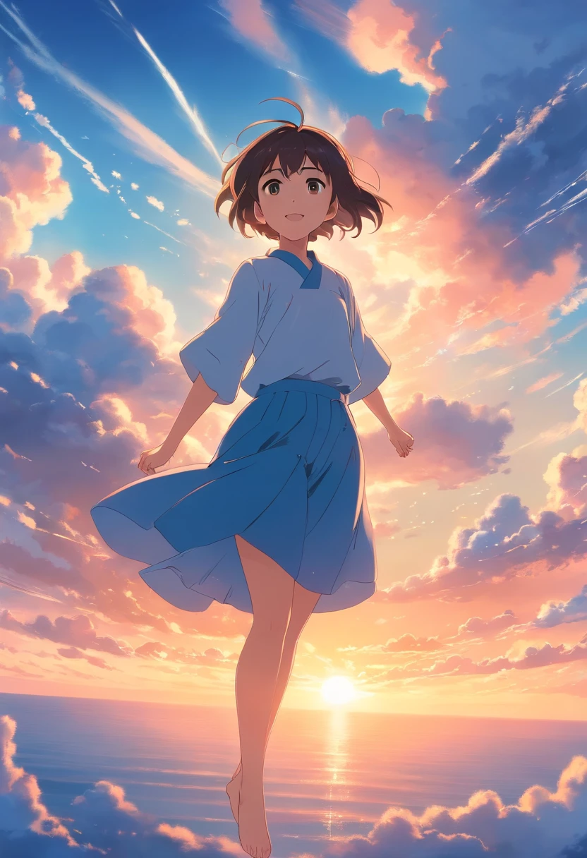 masterpiece, best quality, movie still, 1girl, cloud girl, floating in the sky, close-up, bright, happy, warm soft lighting, sunset, (sparks:0.7)