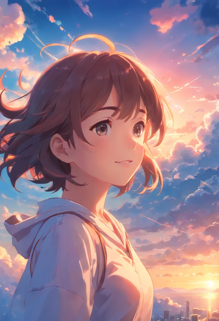 masterpiece, best quality, movie still, 1girl, cloud girl, floating in the sky, close-up, bright, happy, warm soft lighting, sunset, (sparks:0.7)