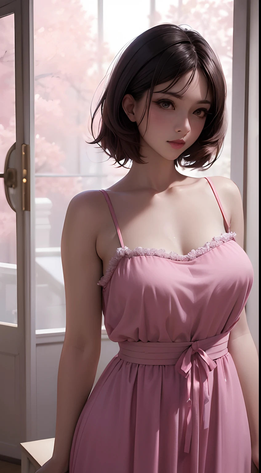 finest image, (8k, RAW photo, realistic), portrait, neat and beautiful Japanese woman, iridescent brown short straight bob cut, blue shining big eyes, long eyelashes, double eyelids, half open crimson alluring moist big thick lips, medium breasts, side boobs, under boobs, abs, ass, slender, perfect proportion, large loose fluffy girly long camisole dress, skirt lift, blurry background pink bedroom, iridescent light particles, fine water droplets, detailed and delicate depiction, professional lighting