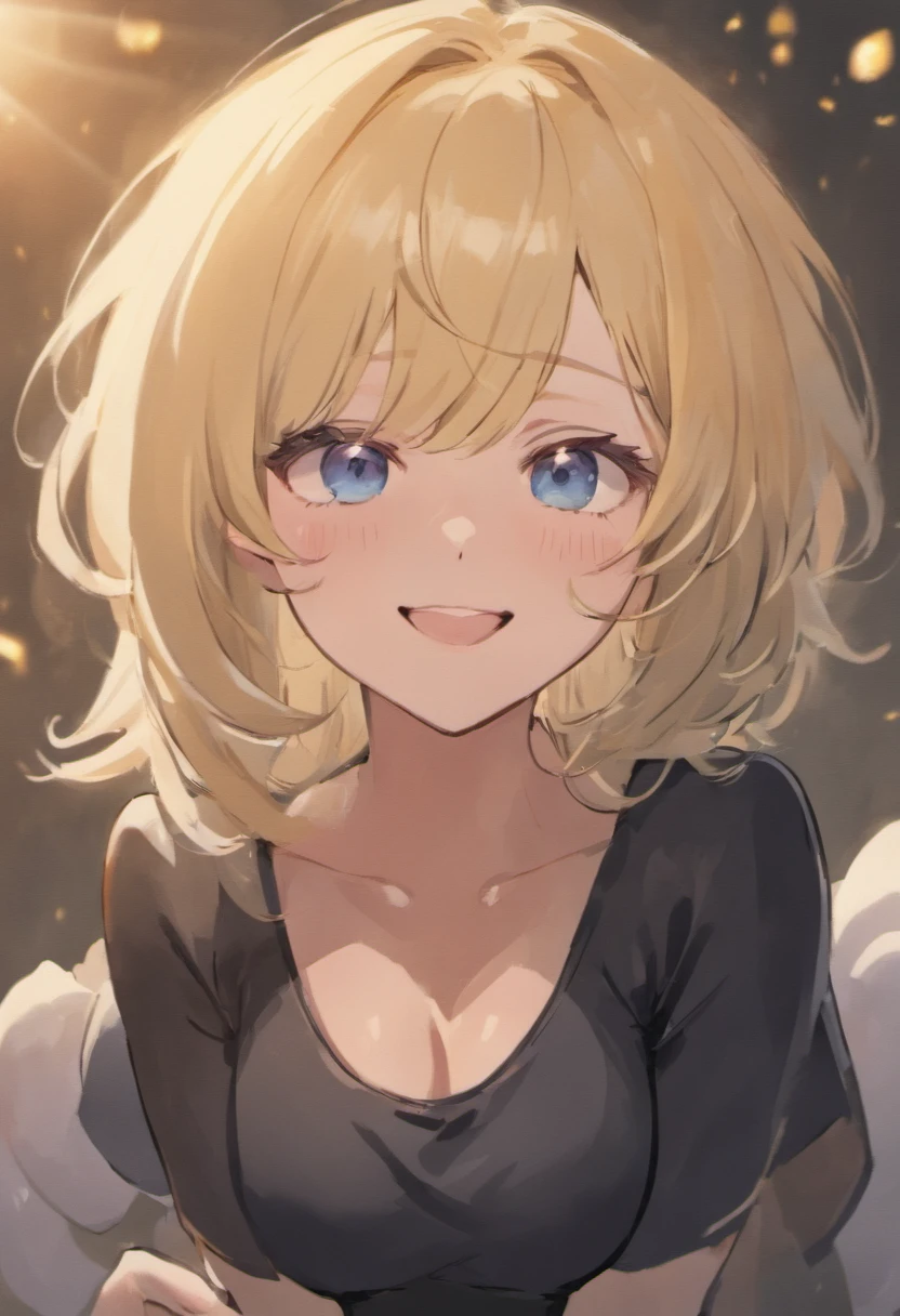 Blonde woman with blue eyes and a black top smiling for the camera, imagem de perfil, foto do perfil, Foto de perfil do headshot, 38 anos, 3 6 anos, 4 0 anos, 3 2 anos, taken in the early 2020s, sorriso atrevido, mulher de 30 anos, 3 0 anos de idade mulher, happily smiling at the camera