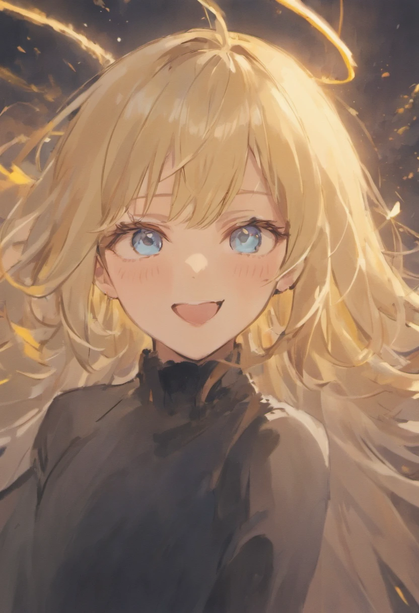 Blonde woman with blue eyes and a black top smiling for the camera, imagem de perfil, foto do perfil, Foto de perfil do headshot, 38 anos, 3 6 anos, 4 0 anos, 3 2 anos, taken in the early 2020s, sorriso atrevido, mulher de 30 anos, 3 0 anos de idade mulher, happily smiling at the camera