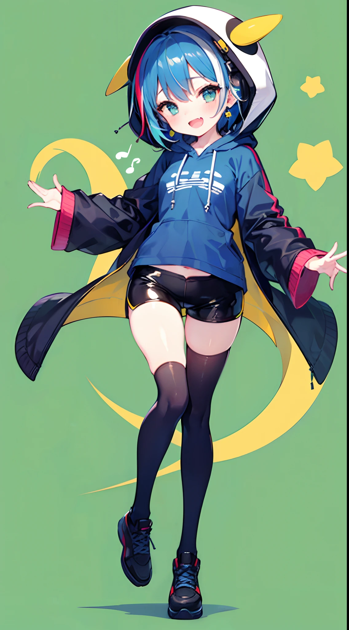 ((1girl)),(((full body))),(solo),(standing),((green background,simple background)),multi-tone hair,(((dark blue hair:1.2))),blue hair,(streaked hair,blonde streaked hair),short hair, (((small breasts))),little child,(((kawaii))),little girl,120 cm tall,6 years old,((Navel exposed)),(dark skin:0.6), plump thighs, tareme, glasses, ((light smile)),open mouth slightly,fang, ((black leather short pants)),dark thigh high socks, musical note earrings,(ware over a long front-opening hoodie,ware over a penguin hoodie, take off the hood, baggy hoodie),baggy headphone,(blue t-shirt), ((((masterpiece)))), high quality, very_high_resolution, ulutra detailed, large_filesize, full color, anatomically correct