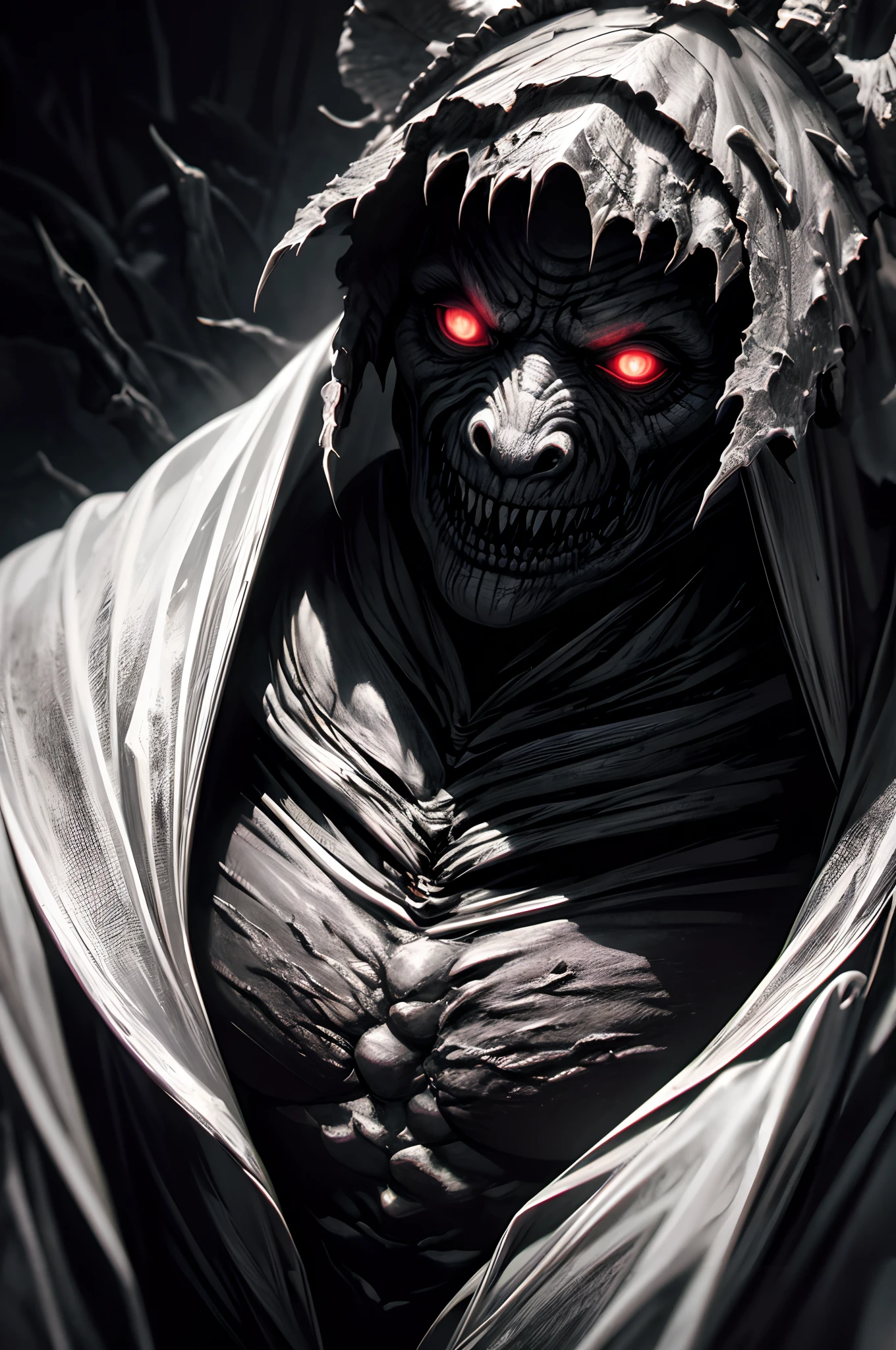 monster like,a terrifying creature with sharp teeth and claws,creepy glowing eyes,dark and eerie atmosphere,monstrous and ferocious facial expression,strong and muscular build,dripping saliva,isolated in a moonlit forest,ominous shadows lurking,scary and bone-chilling,nightmare-inducing,horrifying visuals,hyper-realistic and detailed textures,demonic features,cinematic and high contrast lighting,psychologically disturbing,monstrous creatures in mythology and folklore,dark and twisted fantasy art,Gothic horror aesthetic.