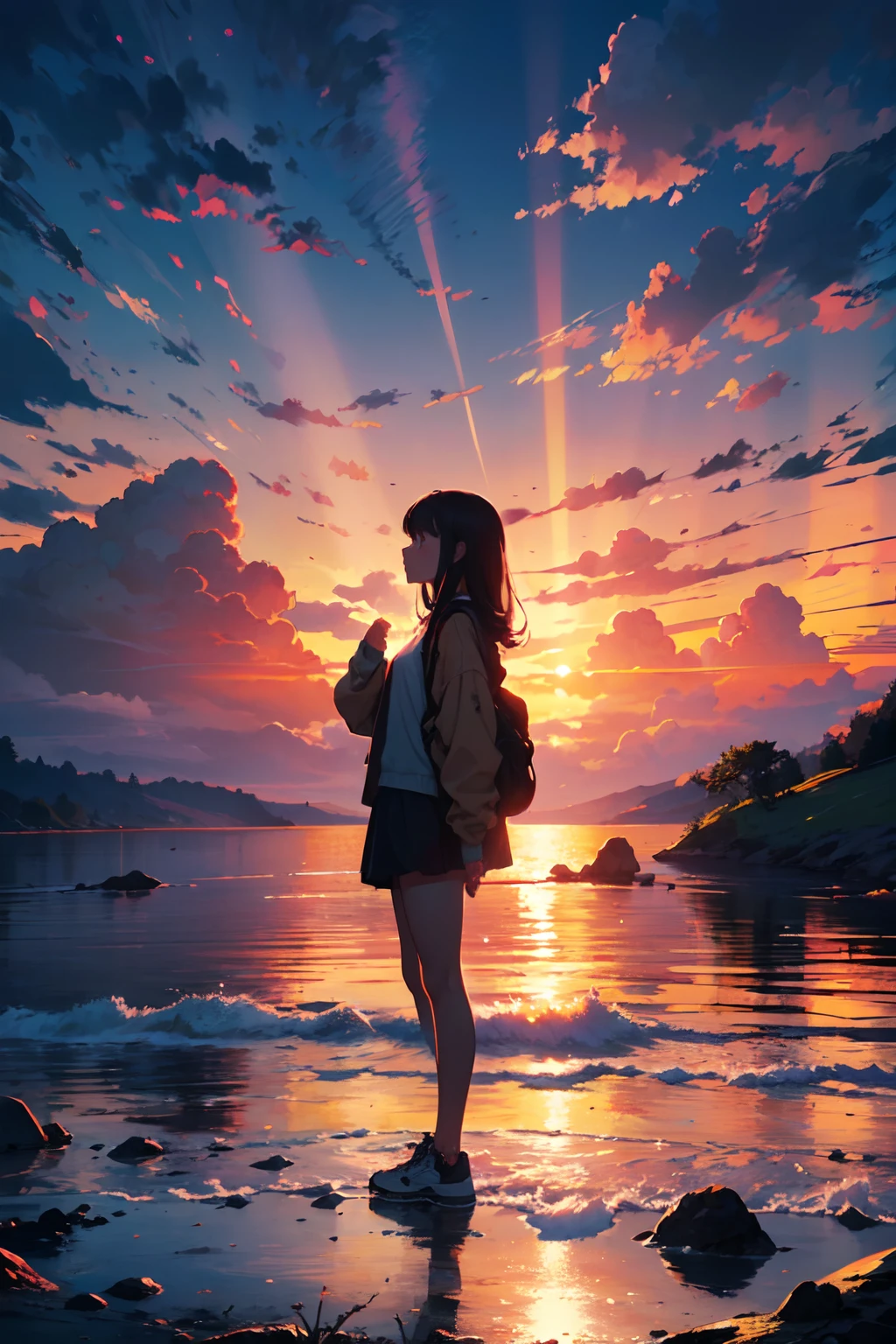 "A mesmerizing sunset scene with a girl mesmerized by the majestic golden rays of sunlight and clouds, creating an awe-inspiring and vivid color palette. Masterpiece."