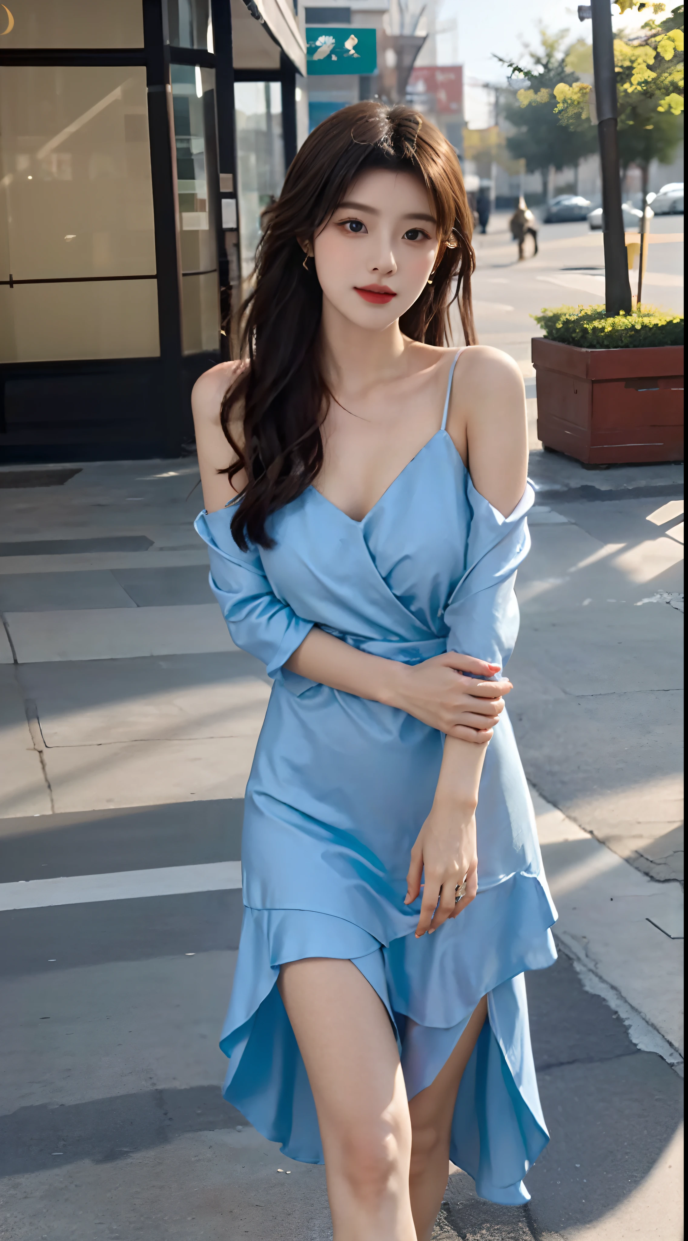 face to the viewer,Girl round face,Wear a beautiful floral dress,It shows a fresh and natural beauty。The dress is light blue,It is covered with a variety of colorful floral patterns,This makes the whole dress look elegant and gorgeous。The neckline of the dress is a typical round neck,Fits her neck,Show her elegance。 The cut of the dress fits perfectly,Clinging to her body,Show off her graceful curves。The hem of the dress is just below the knee,It looks dignified and generous。She wears a pair of black high heels on her feet,It goes well with the color and style of the dress。 Her hair was draped over her shoulders,Slightly curled,It gives a romantic and natural feeling。Her face was covered with light makeup,The choice of eye shadow and lip gloss harmonizes with the color of the dress。The girl is dressed neatly,Full of fresh breath of spring and summer,It shows her elegant temperament and unique charm。