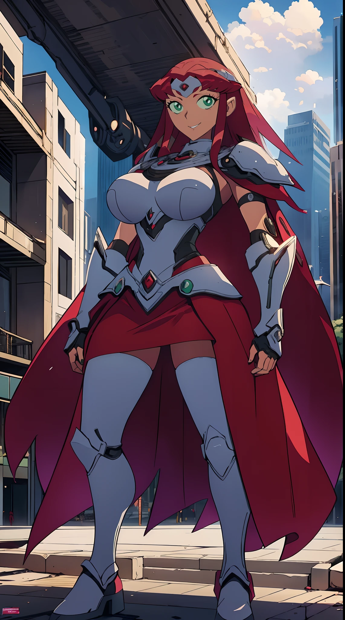 titans, Starfire, anime, masterpiece, 1girl, ((bimbo))), smile face, green eyes, long red hair, , wide hips, thick thigh, big breast, huge ass, shiny skin, purple skirt, purple top, full body, /upscale (icone de um jogo), (icone de peitoral : 1.5), um peitoral , peitoral marrom, chest plate, peitoral pesada marrom, peitoral grosso, peitoral de Armadura intrincada, peitoral de armadura de fantasia pesada, peitoral detalhado, armadura ornamentada, peitoral de Armadura Paladina, peitoral dearmadura de batalha, intrincada peitoral, pants, body suit, sentai armor, metal hero