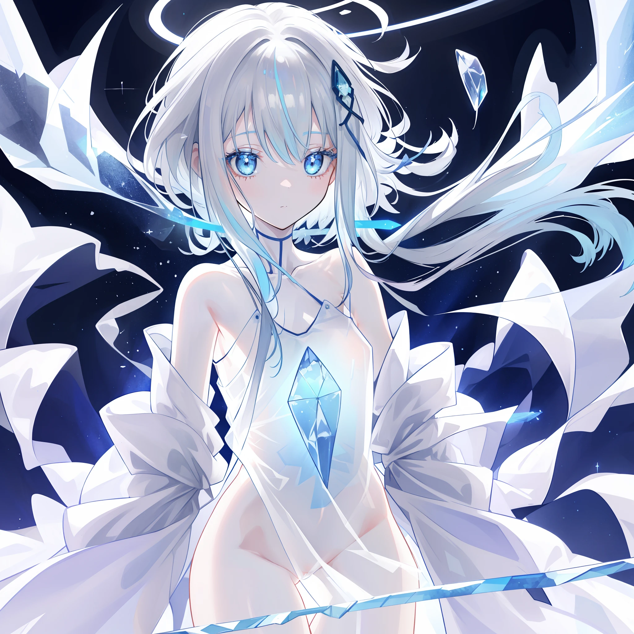 (((A close up view: 1.4))) of an anime girl, (standing in a cave with (crystals around: 1.2)), (((half naked))), cinematic light, slim body with curves, skin is perfectly white, soft, and smooth, ((no nsfw)), Extremely delicate and beautiful CG illustration, best quality, high resolution, dynamic angle, full-length lens, (1 girl), floating, soft light, high-key lighting), glowing light, blue halo, feathers fluttering background, blue crystal, (((wearing nothing but a white (transparent) tank top)))