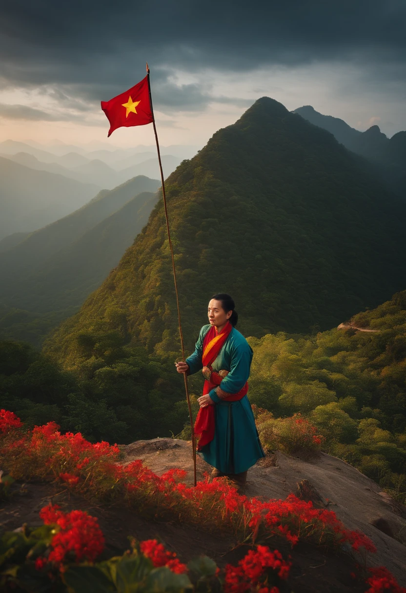 Tran Van Khac is standing on the mountain and planting a flag