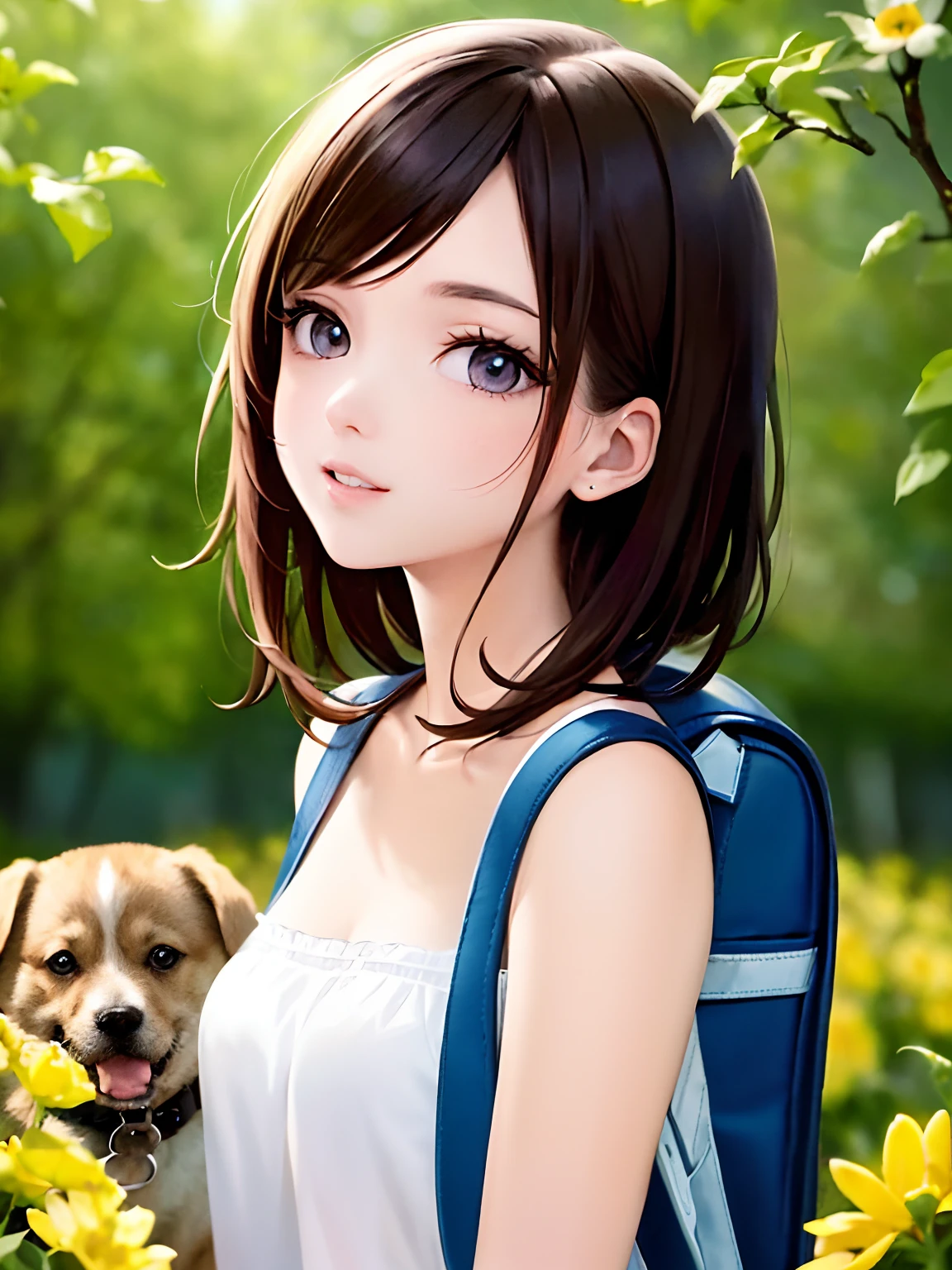 A very charming girl with a backpack and her cute puppy enjoying a lovely spring outing surrounded by beautiful yellow flowers and nature. The illustration is a high-definition illustration in 4k resolution, featuring highly detailed facial features and cartoon-style visuals.
