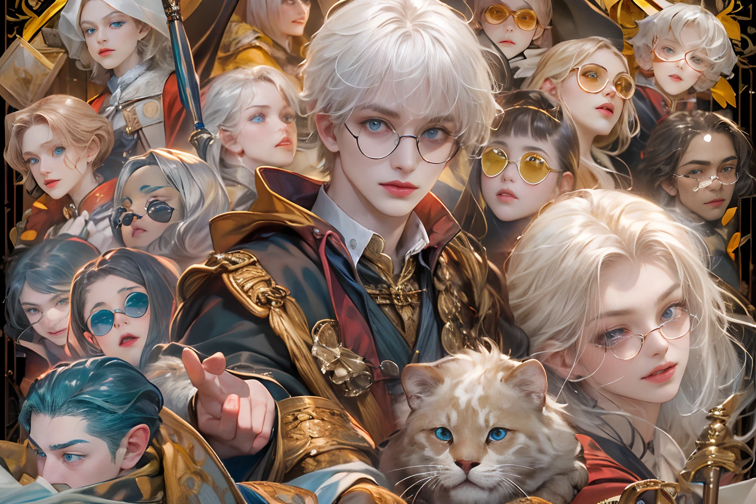(absurderes, hight resolution, ultra-detailliert, nffsw), masutepiece, Best Quality, Characters from the Harry Potter movies, Handsome hero, big anime eyes, Young boy, Detailed scenery, detailed character, Art Kenouji,white  hair,blue eyess,Round sunglasses,A slight smil,Gryffindor Uniform