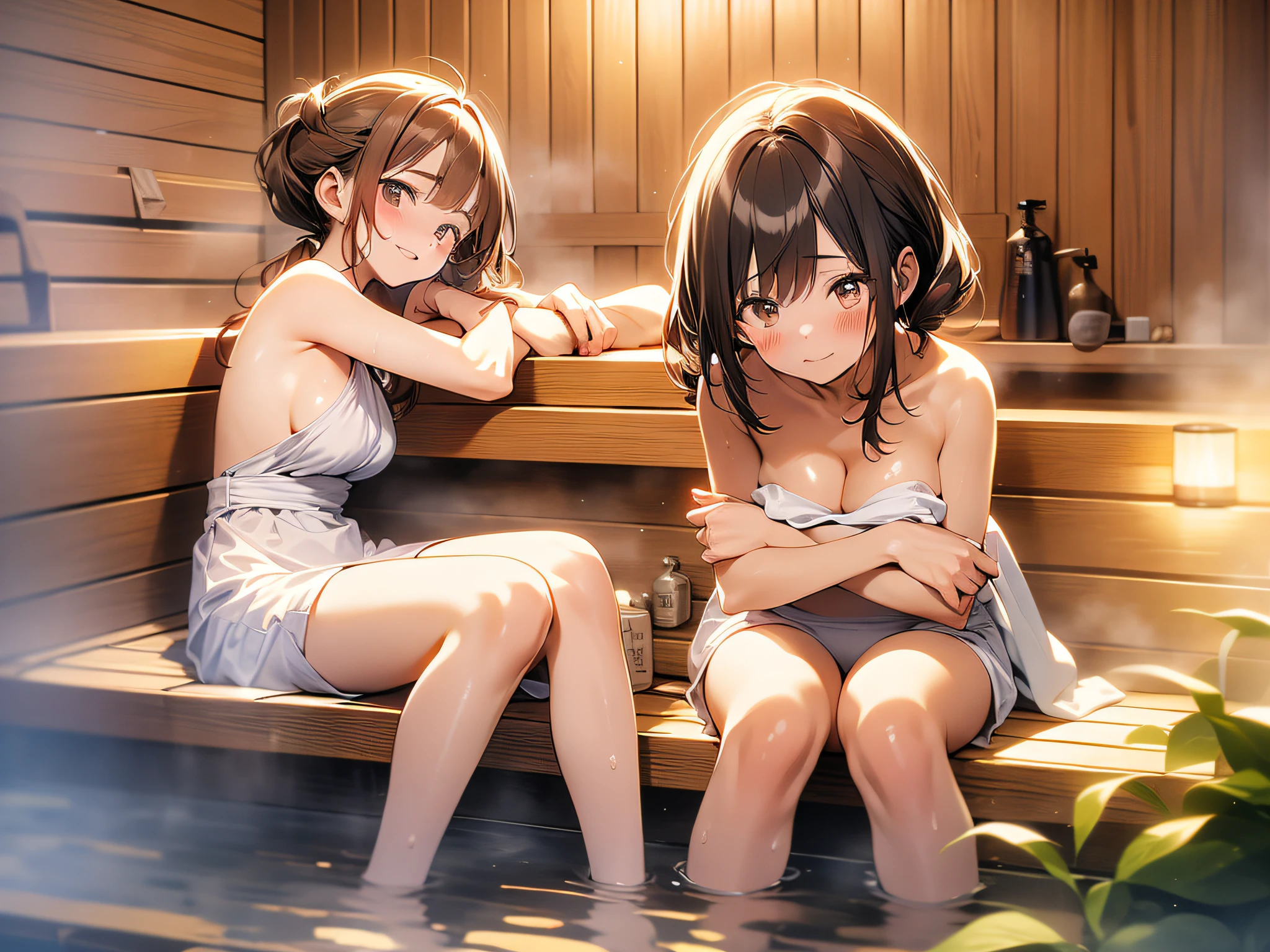 in 8K、top-quality、​masterpiece、ultra-detailliert、Ultra-high resolution、((two individuals))、2 girls、brown haired、poneyTail、((((Sauna room))))、((perspiring))、Red face、Wrap a bath towel around your body、((steams))、Flirting、hug from behind