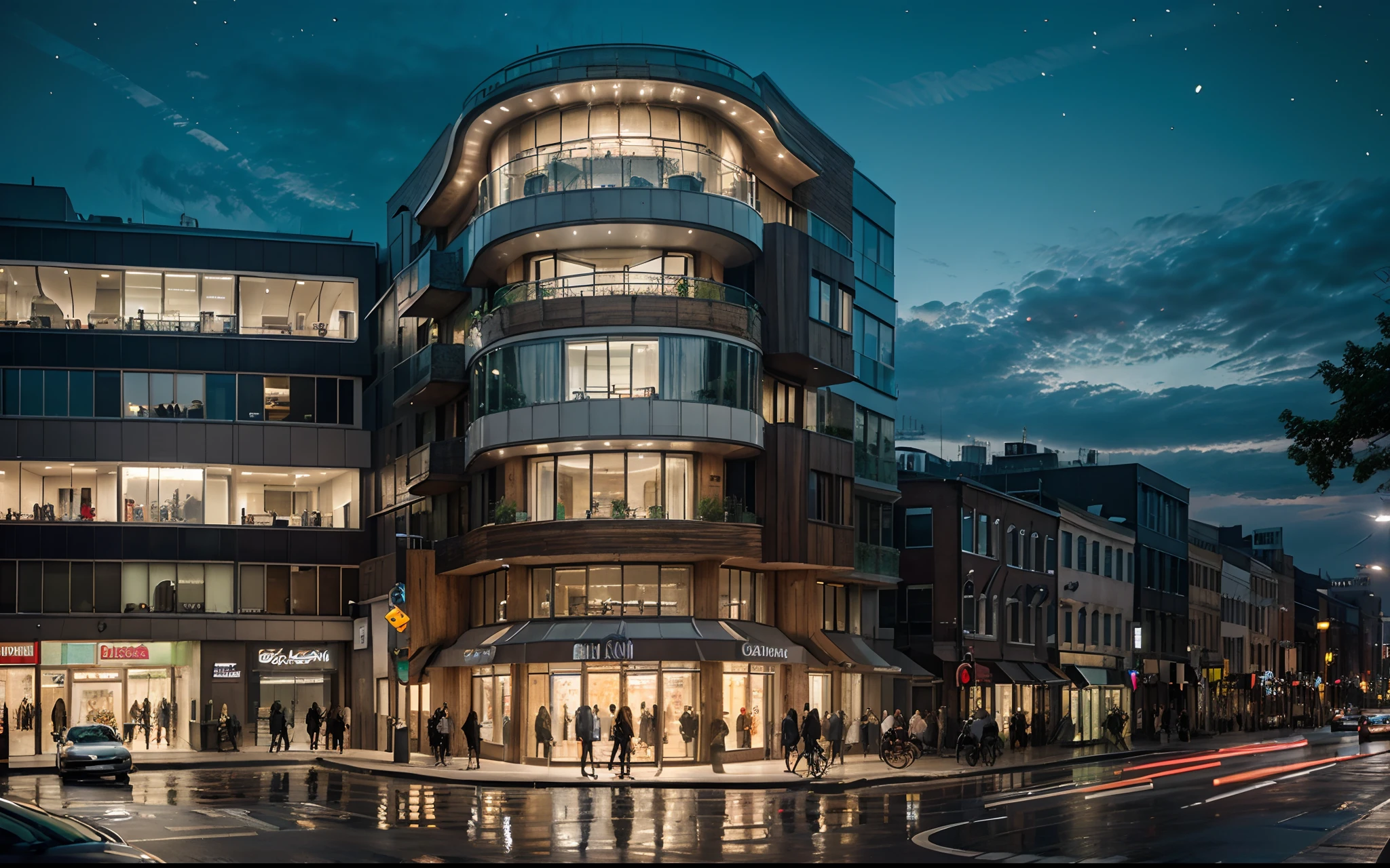 modern, public building, city centers, squares, urban landscape, cars, people, streets, reality,perspective,street view,commercial building street,Natural style,Green Architecture style,curved shape,free form,glass curtain wall,grey stone,brown wood,polished concrete,vertical frame,commercial atmosphere,night,realistic,4k,high quality,warm interior lights