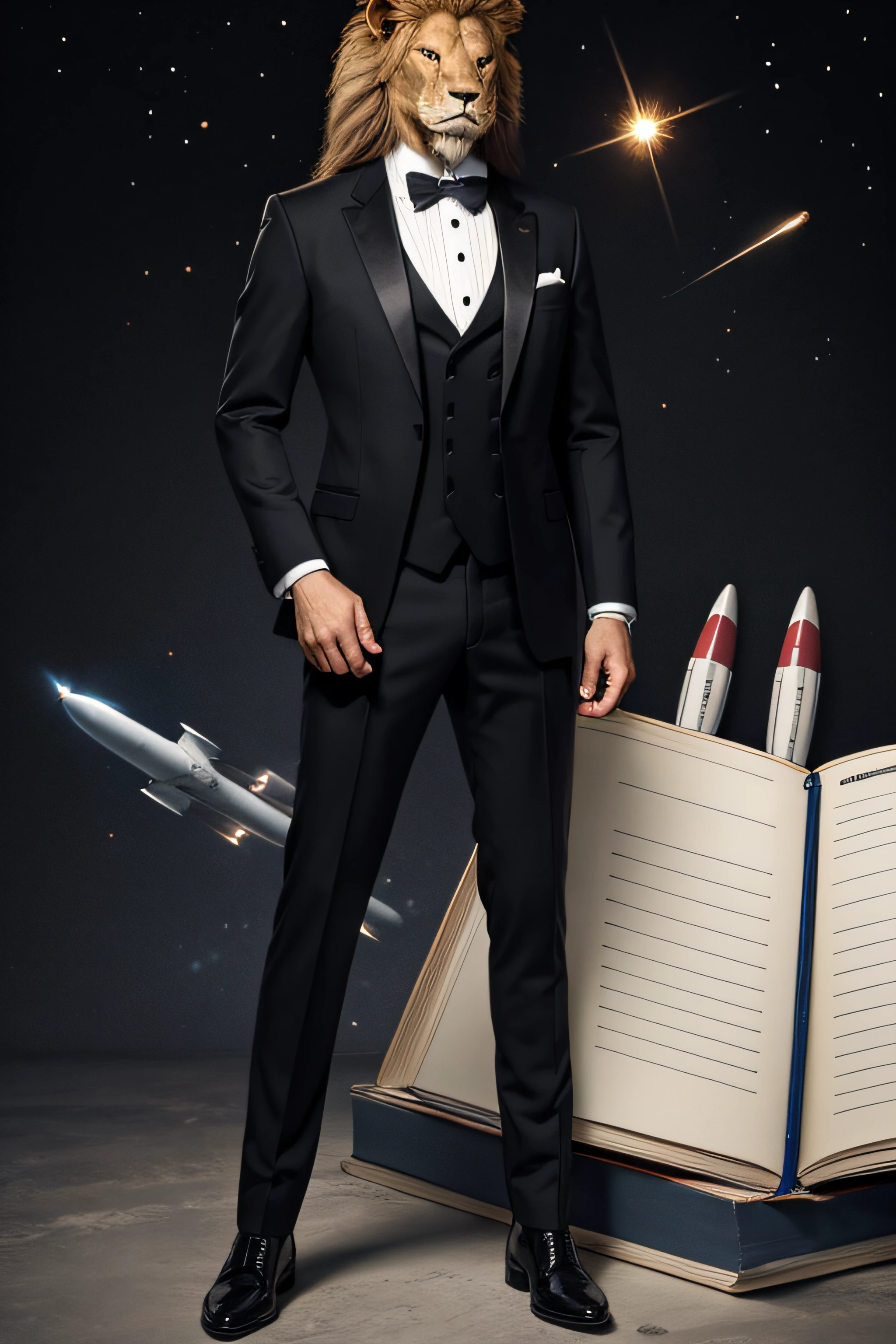 lion in a tuxedo, with a notebook and with rockets as a background