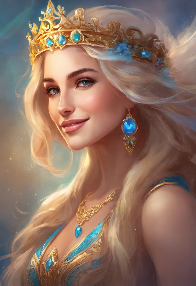 Blonde woman with blue eyes and a black top smiling for the camera, imagem de perfil, foto do perfil, Foto de perfil do headshot, 38 anos, 3 6 anos, 4 0 anos, 3 2 anos, taken in the early 2020s, sorriso atrevido, mulher de 30 anos, 3 0 anos de idade mulher, happily smiling at the camera, a crown on her head