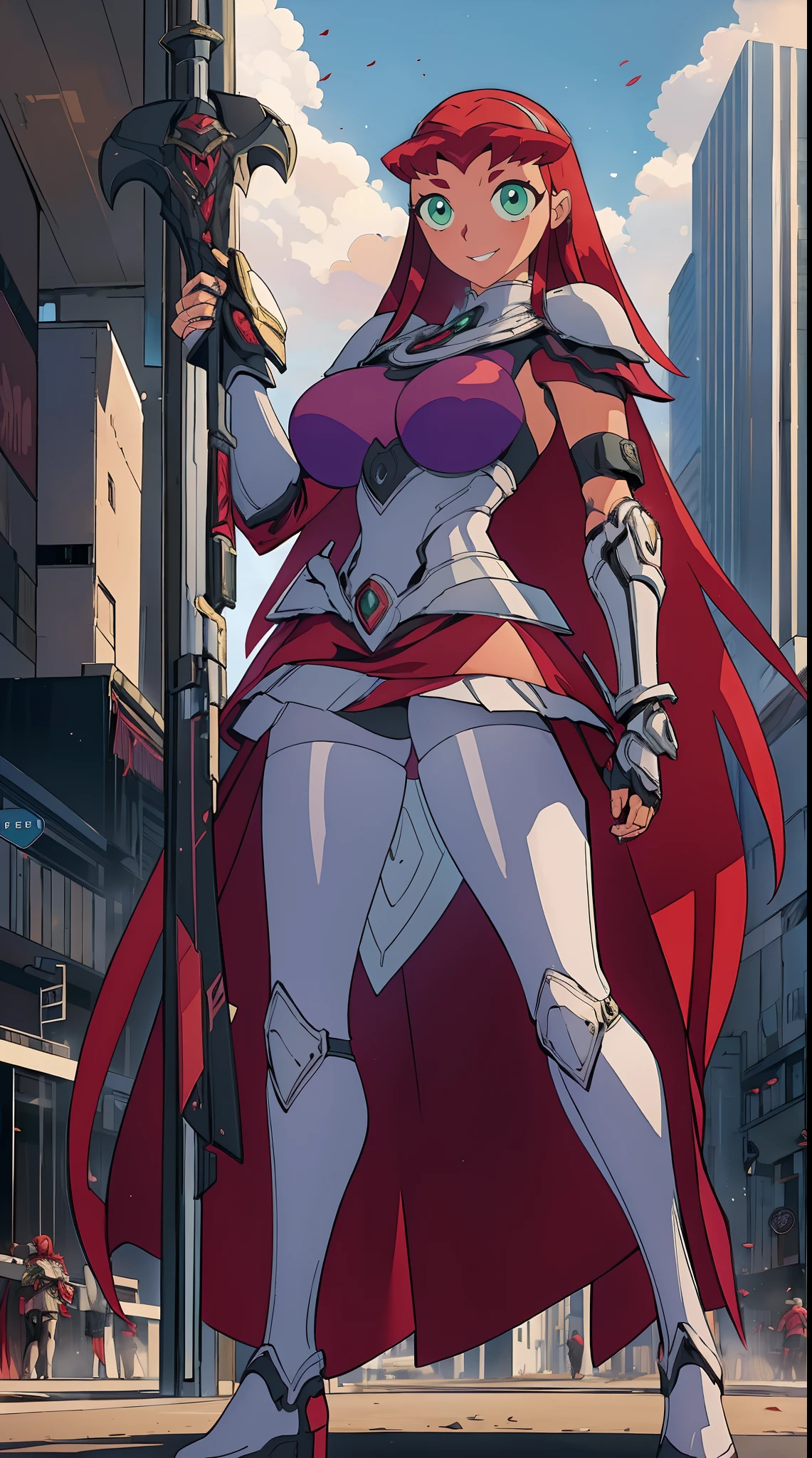 Teen titans, Starfire, anime, masterpiece, 1girl, ((bimbo))), smile face, green eyes, long red hair, , wide , thick thigh, big , huge , shiny skin, purple skirt, purple top, full body, /upscale (icone de um jogo), (icone de peitoral : 1.5), um peitoral , peitoral marrom, plate, peitoral pesada marrom, peitoral grosso, peitoral de Armadura intrincada, peitoral de armadura de fantasia pesada, peitoral detalhado, armadura ornamentada, peitoral de Armadura Paladina, peitoral dearmadura de batalha, intrincada peitoral, pants, body suit, sentai armor, metal hero