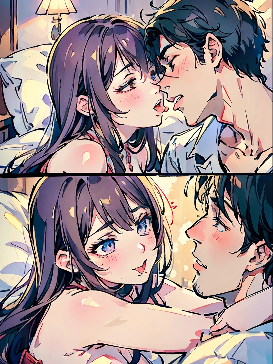 a man and a girl 1:1 Sweetheart the kiss Intertwined tongues and tongues In a large bed lovey-dovey Flirting ssex the kiss A man is a woman A man touches a woman's face