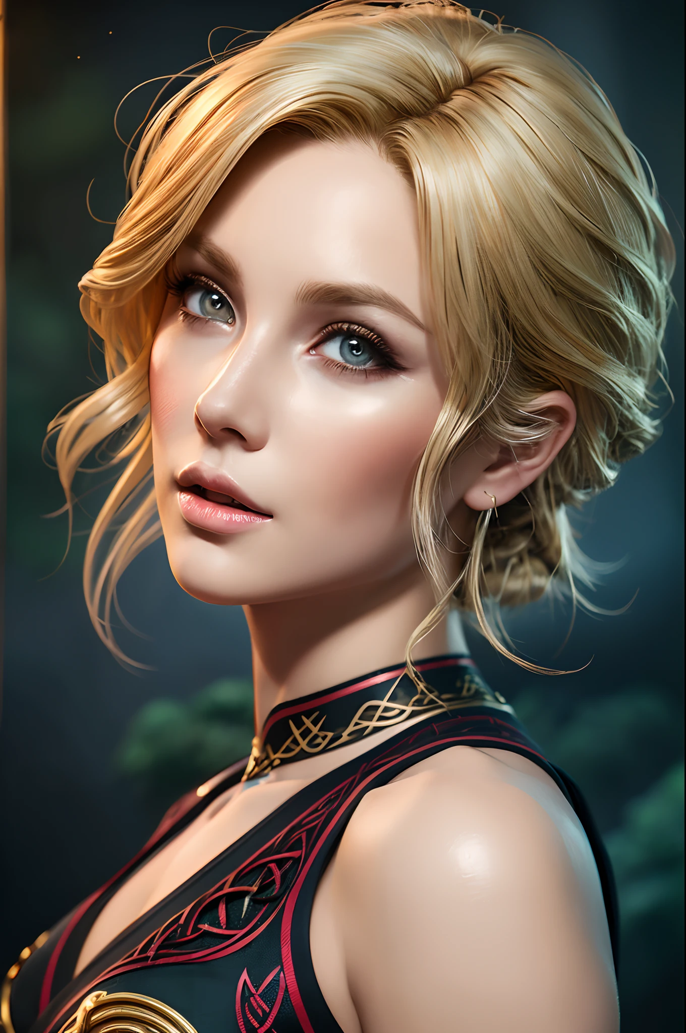 Image of a mythical gorgeous young adult blonde short curly hair sorceress, perfectly cute face, full luscious lips, exquisite body composition, eyelids tightly sewn shut, summoning wild magic with swirling 3D Celtic rune symbols and 3D colorful spells, surrounded by the magical weaves, Splash art, trending on artstation, dark fantasy art, hyper realistic, super detailed, 8k, high quality, trending art, trending on artstation, sharp focus, studio photo, perfect lighting and shadows.