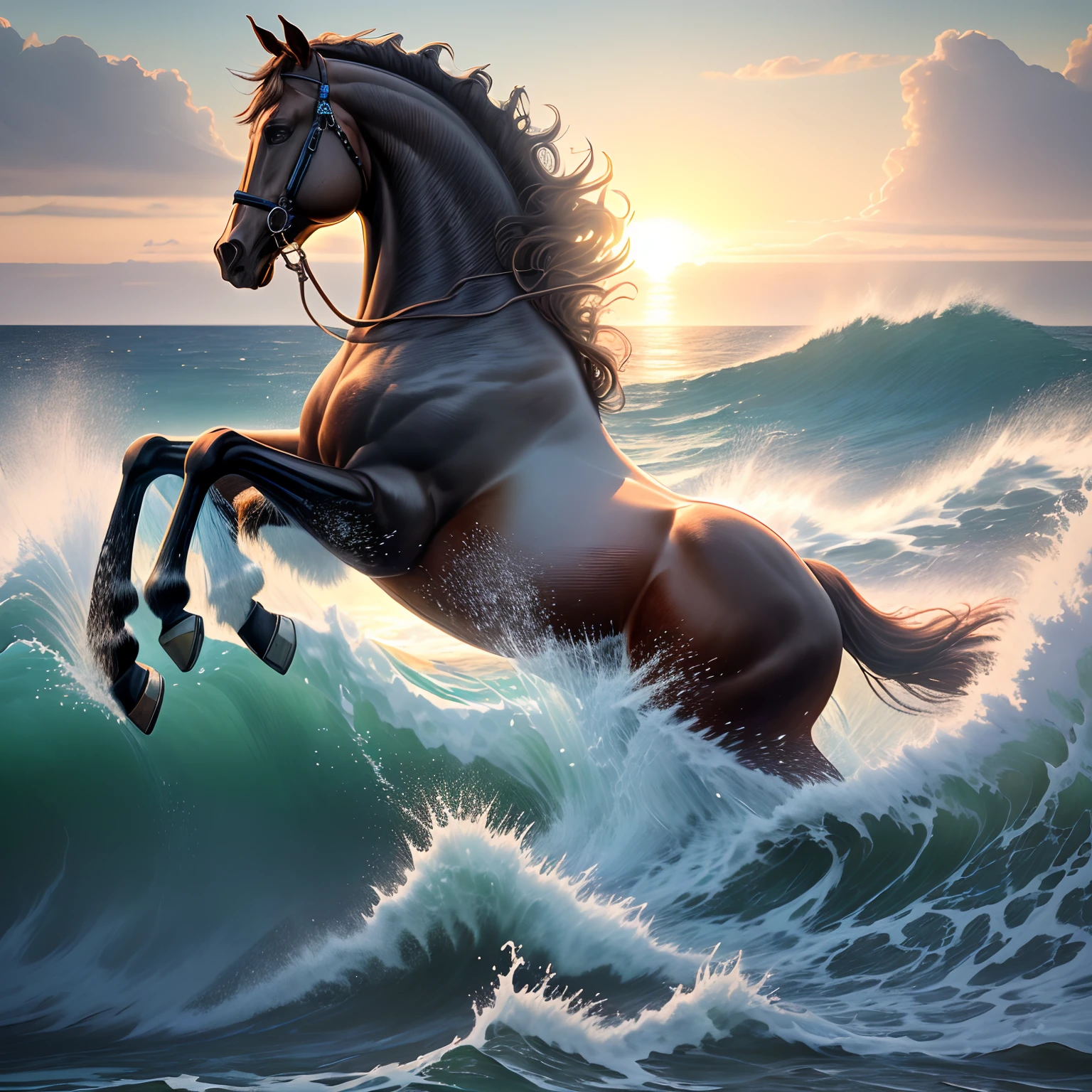 (best quality,4k,highres:1.2),ultra-detailed,(realistic:1.37)
Horse fighting with the sea,ocean waves crashing violently, majestic horse rising above the waves, water splashing all around, powerful motion, intense struggle, dramatic atmosphere, foamy spray, strong and muscular horse body, harmonious blending of horse's strength and sea's power, golden sunlight illuminating the scene, sparkling water droplets, dynamic and energetic, vibrant colors, breathtaking and awe-inspiring, compelling narrative, surreal and mystical, epic battle between nature and animal, captivating and unforgettable masterpiece, oil painting, expressive brushstrokes, realism at its finest