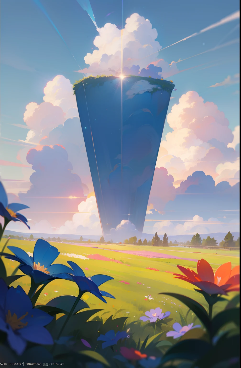 Summer, meadows, a few small flowers, heavenly views, large clouds, blue skies, hot weather, HD detail, wet watermarks, hyper-detail, cinematic, surrealism, soft light, deep field focus bokeh, ray tracing, and surrealism.