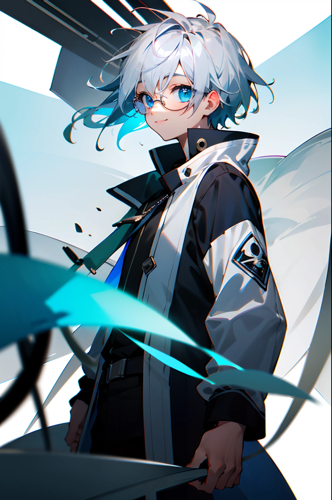 (Male child, eye glasses,blue eyess,A smile, silber hair)