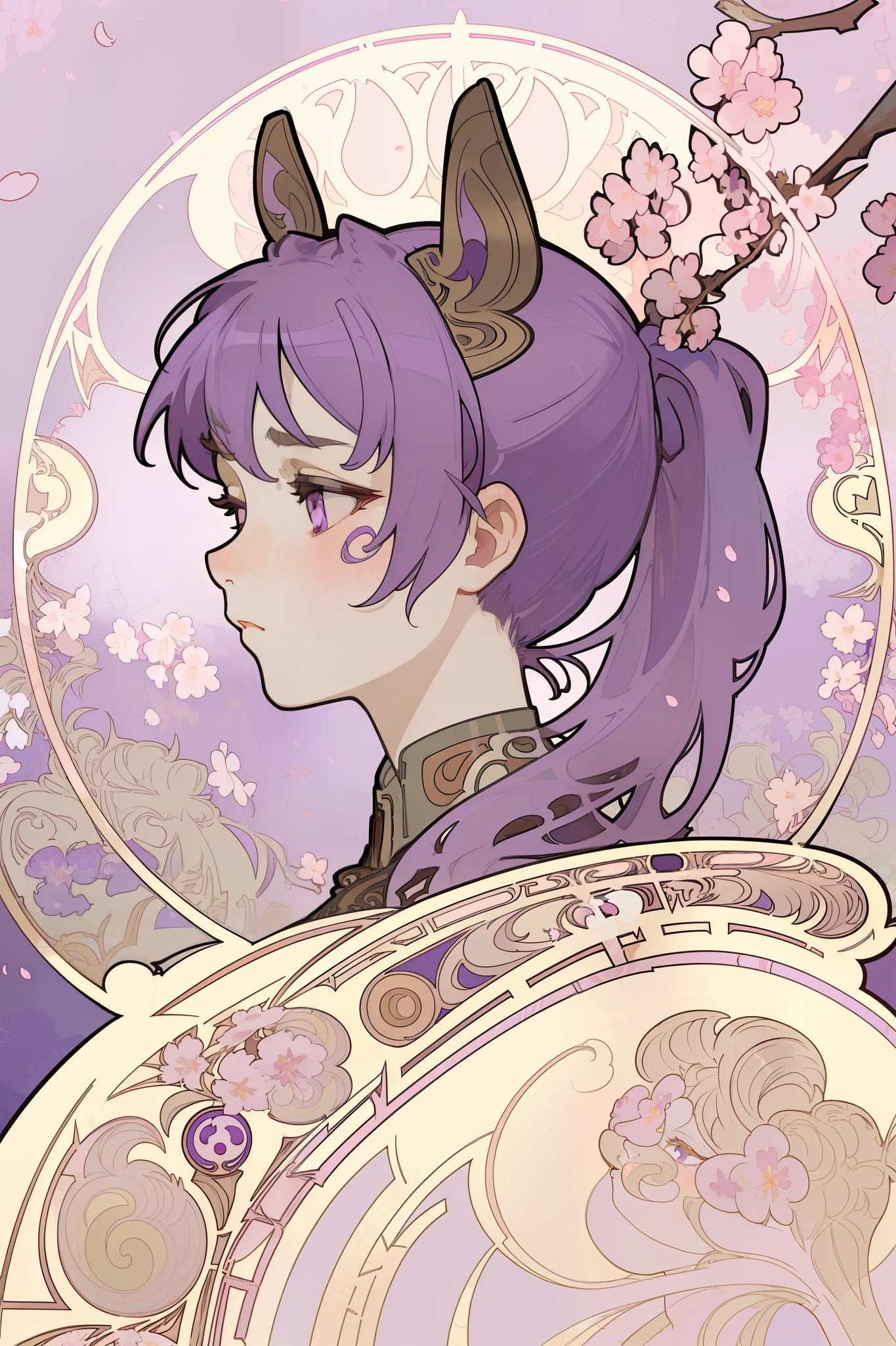 Art Nouveau Style, poster in a theater, (((art by alphonse mucha))), upper body, blush, profile ,(masterpiece, finely detailed beautiful eyes: 1.2), 1girl, solo, Purple_eyes, purple hair, ((two Ponytails)), sharp eyes, serious face, cat ears, beautiful, small details, ultra detailed, best quality, intricate, sharp, digital illustration, detailed, ((cherry blossoms)), (purple background)keqingdef, keqingopulent, keqingrnd