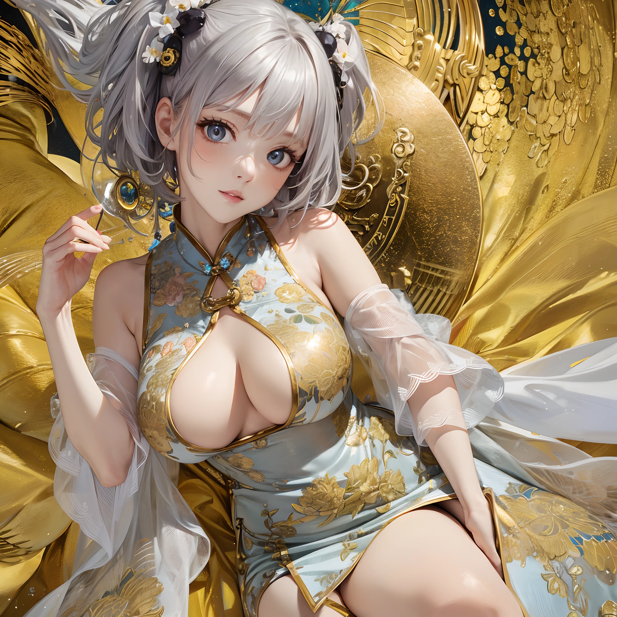 masterpiece、top-quality、hight resolution、High-quality images、8K、the detail、1lady、Photorealsitic、skin gloss、Texture、Lustrous hair、Detailed eye depiction、s lips、Silver Shorthair、colourfull、poneyTail、portlate、Long body、sensually、Thicker thighs、qipao dress、slit、Klimt style background