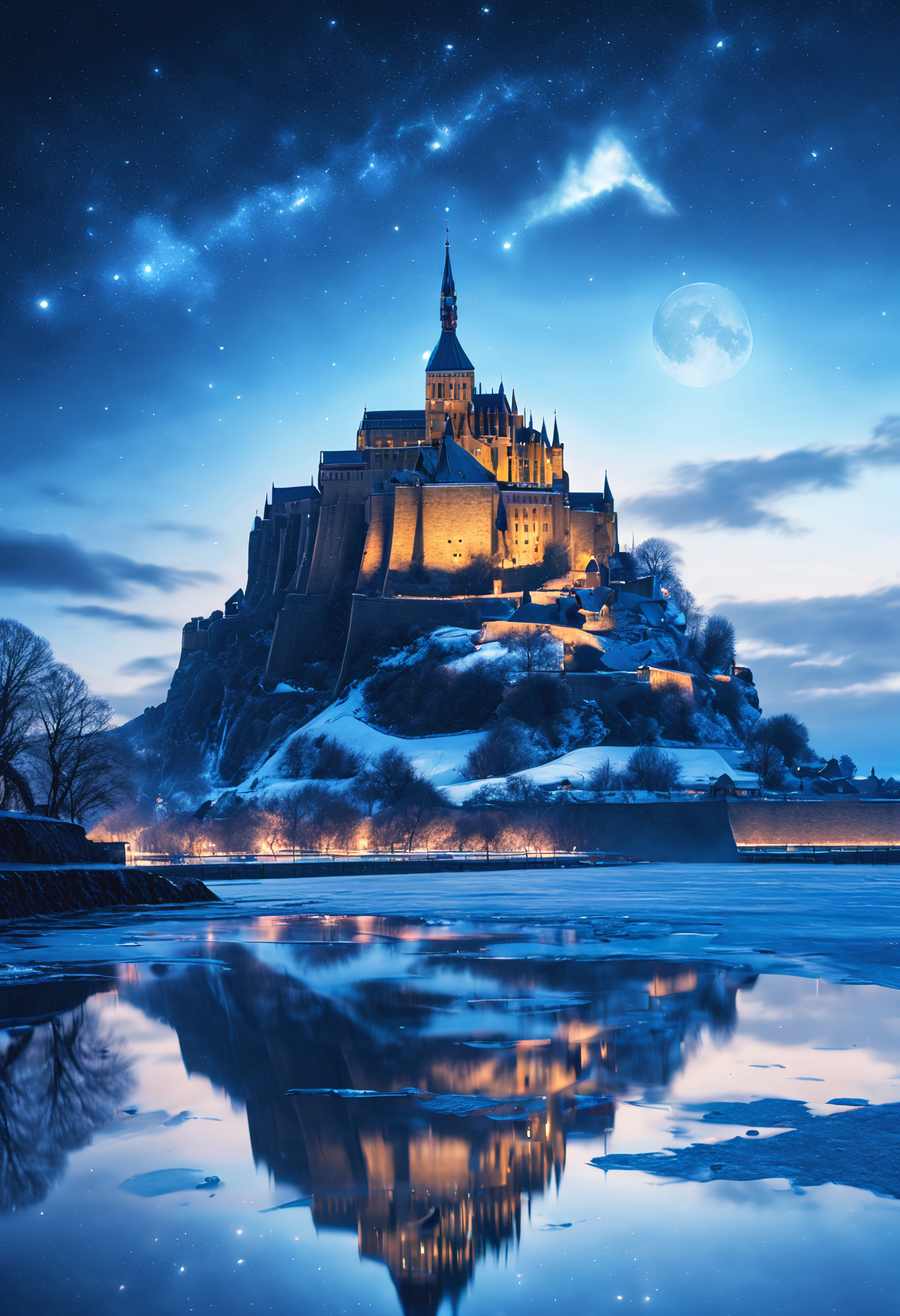 (high quality,4k,8k,highres,masterpiece:1.2),ultra-detailed,(realistic,photorealistic,photo-realistic:1.37),Mont-Saint-Michel reflection on frozen water,night,castle,water,icy reflection,glowing lights,frozen river,mystical aura,majestic,ethereal,Aurora Borealis dancing in the night sky,stars shimmering,vivid colors,cosmic,peaceful,snow-covered surroundings,glistening snowflakes,serene silence,quiet beauty,enchanted,moonlit atmosphere,deep blue tones,impressive architecture,ancient charm,medieval,fantasy concept,frozen magic,wonderland,surreal,French landmark,castle on a hilltop,mirrored reflection,tranquil,peaceful,stillness,landscape,beauty in simplicity,romantic setting,element of mystery and awe,captivating,otherworldly,daydream-like,vibrant,enchanted winter,feeling of serenity,touch of enchantment