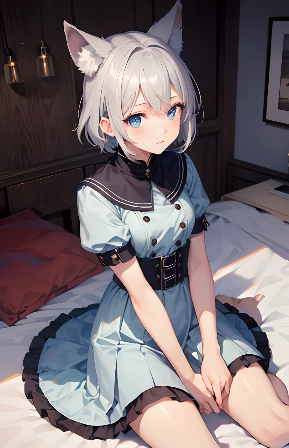 masterpiece,Top image quality,hight resolution,imagem 4k,Raw photo,Photorealsitic,{Solo},teens girl,silber hair,Bery short hair,stare at each other,Blue eyes,小柄,Silver fox ears,Fox tail,on the beds,Princess,doress,frilld,boyish,,