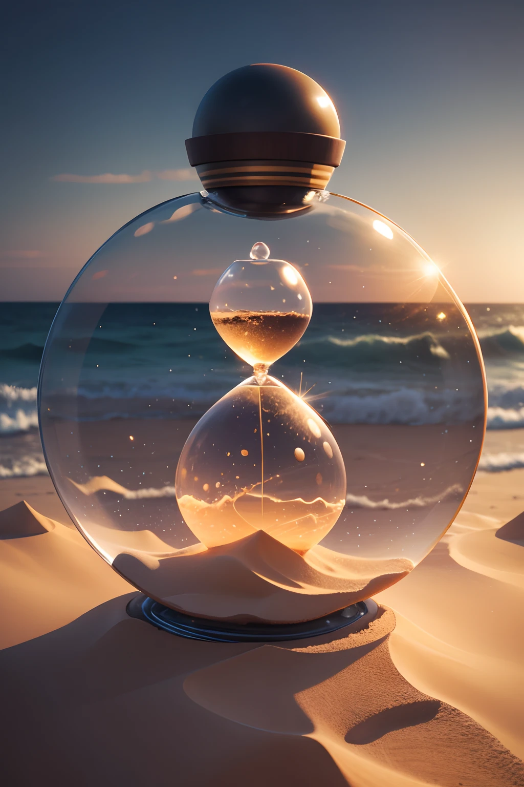 Imagine an ancient hourglass slowly releasing sand, symbolizing the end of time. and in the background, there is a beautiful realistic image of Jesus Christ, radiating love and compassion