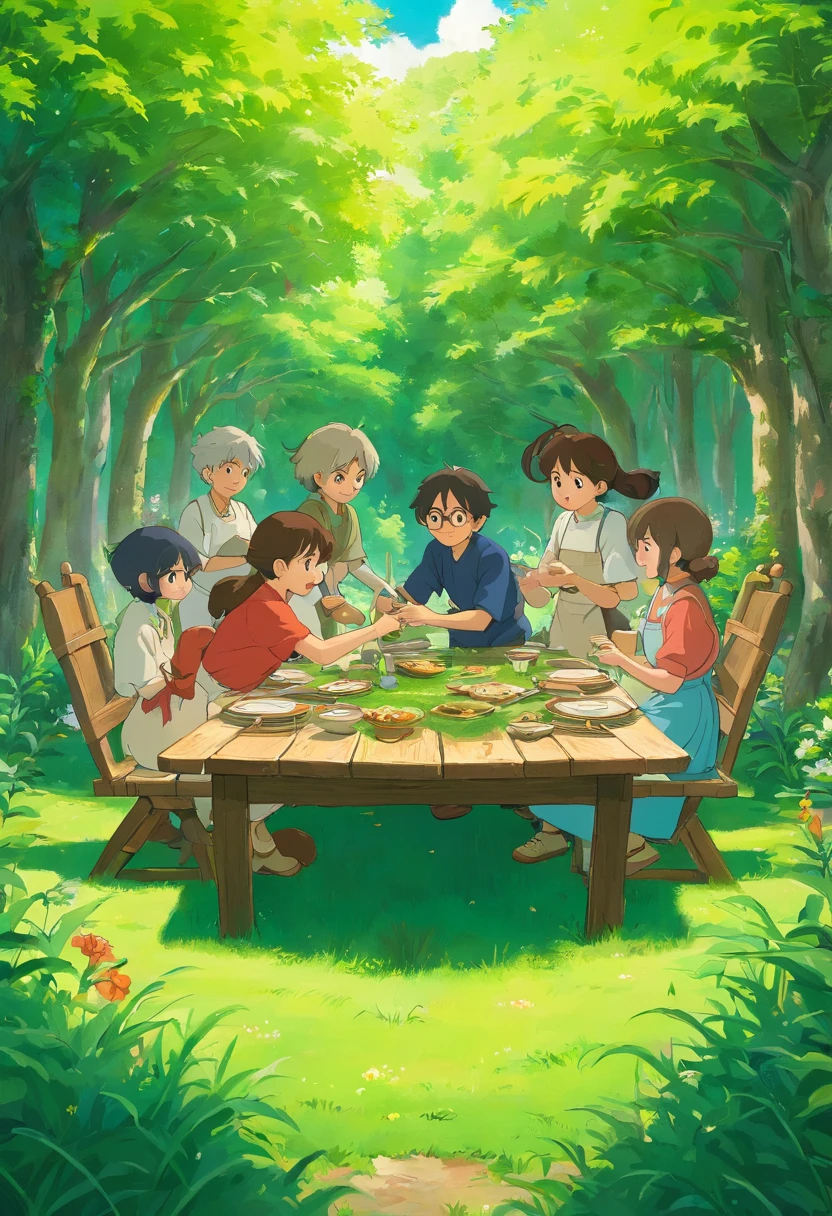 Grass scene,Empty,multiple persons,Someone moves things,Someone talks,Someone built a table,celebrating
