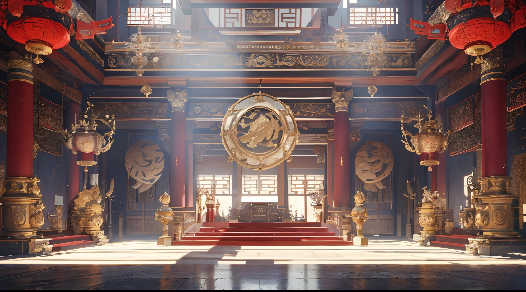 There was a big room,There is a red carpet and a golden bell, detailed unreal engine 5 render, unreal engine 5 render dramatic, unreal engine 5 render, Render in Unreal Engine 5, unreal engine 5 render, unreal engine 5 render, Unreal Engine 5 quality rendering, unreal engine 5 highly rendered, Unreal Engine 5 showcase, rendered unreal engine 5, cyberpunk chinese ancient castle