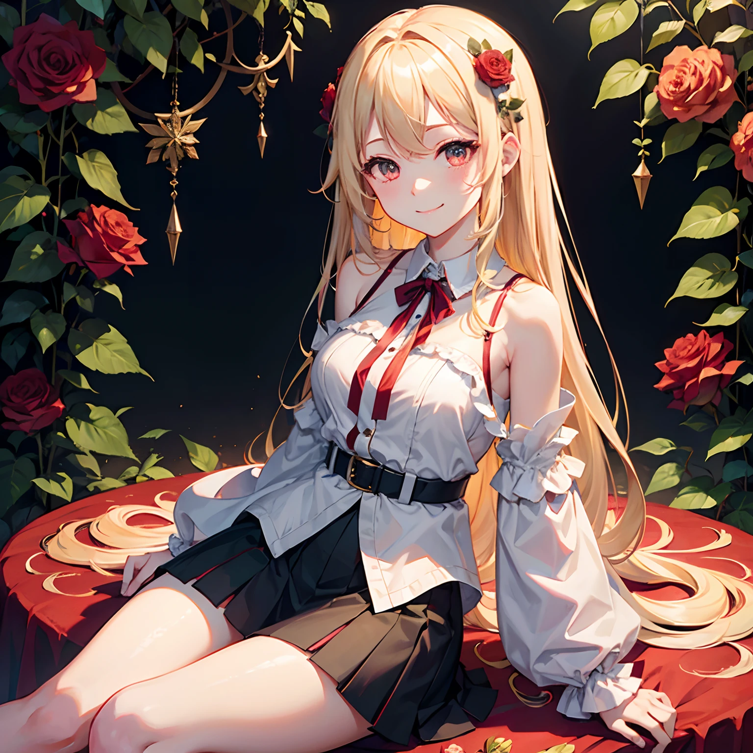 1 wavy blonde girl、red eyes、off shoulders、a miniskirt、Surrounded by roses、Sitting with a smile