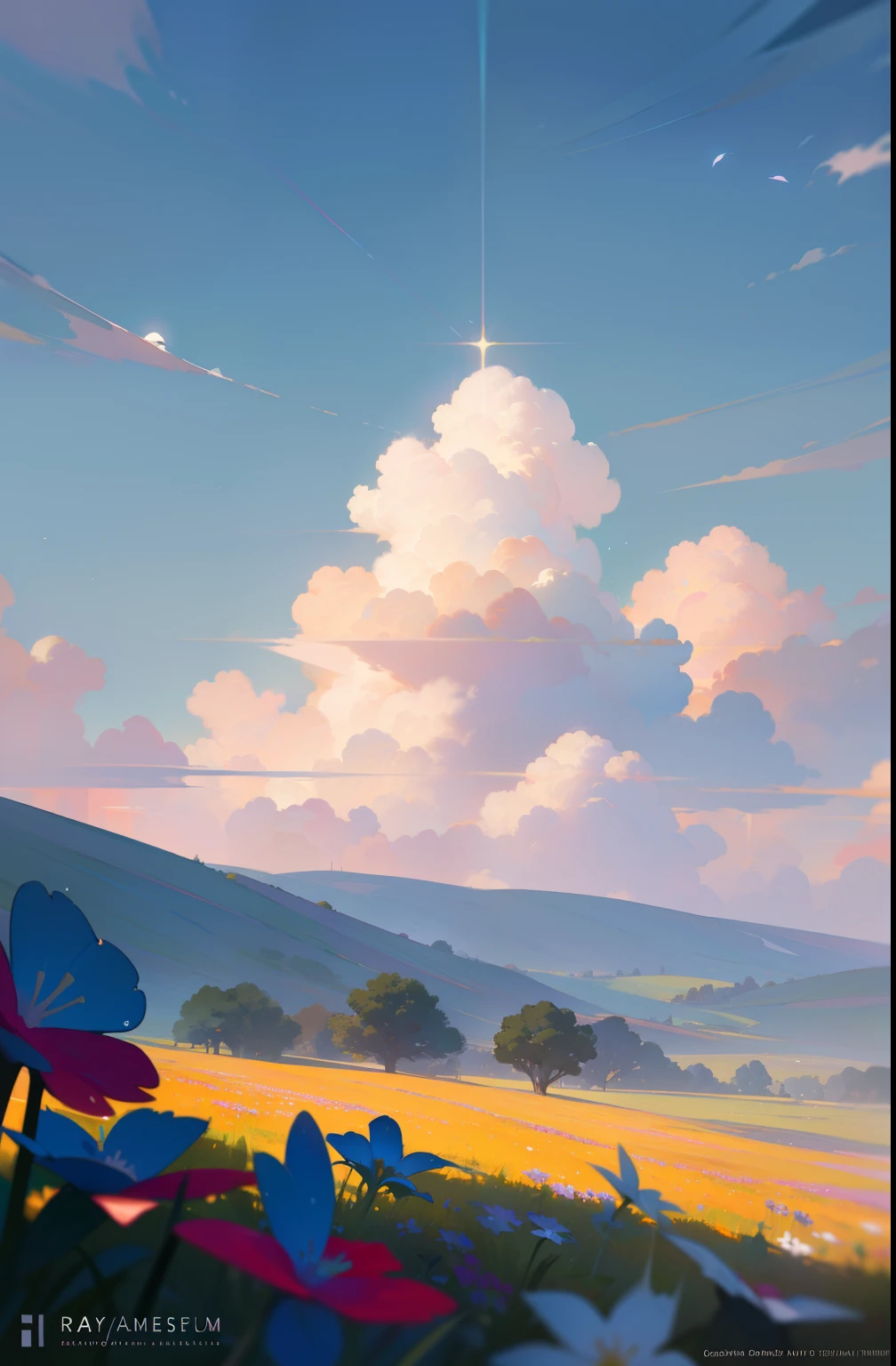 Summer, meadows, a few small flowers, heavenly views, large clouds, blue skies, hot weather, HD detail, wet watermarks, hyper-detail, cinematic, surrealism, soft light, deep field focus bokeh, ray tracing, and surrealism.