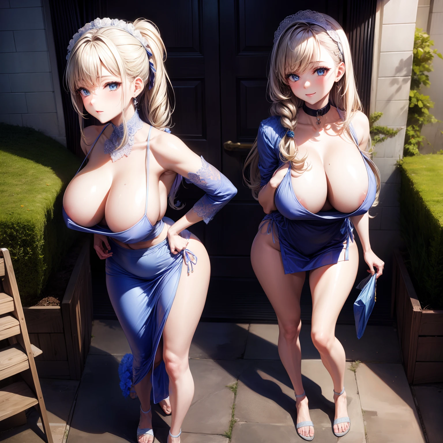 （8K ，Hyper-detailing，Ultra photo realsisim，Best Masterpiece，naturey，Perfect artwork，Perfect female body），Two cute busty girls ，（large tities），The neighbor's wife，A woman's hairstyle，Elegant wife，Ingredients just bought，Carrying a bag，Wear sexy home attire，Large cleavage，，Stretch meat，Raised sexy，The kinky is exposed ，tit，full body shot of