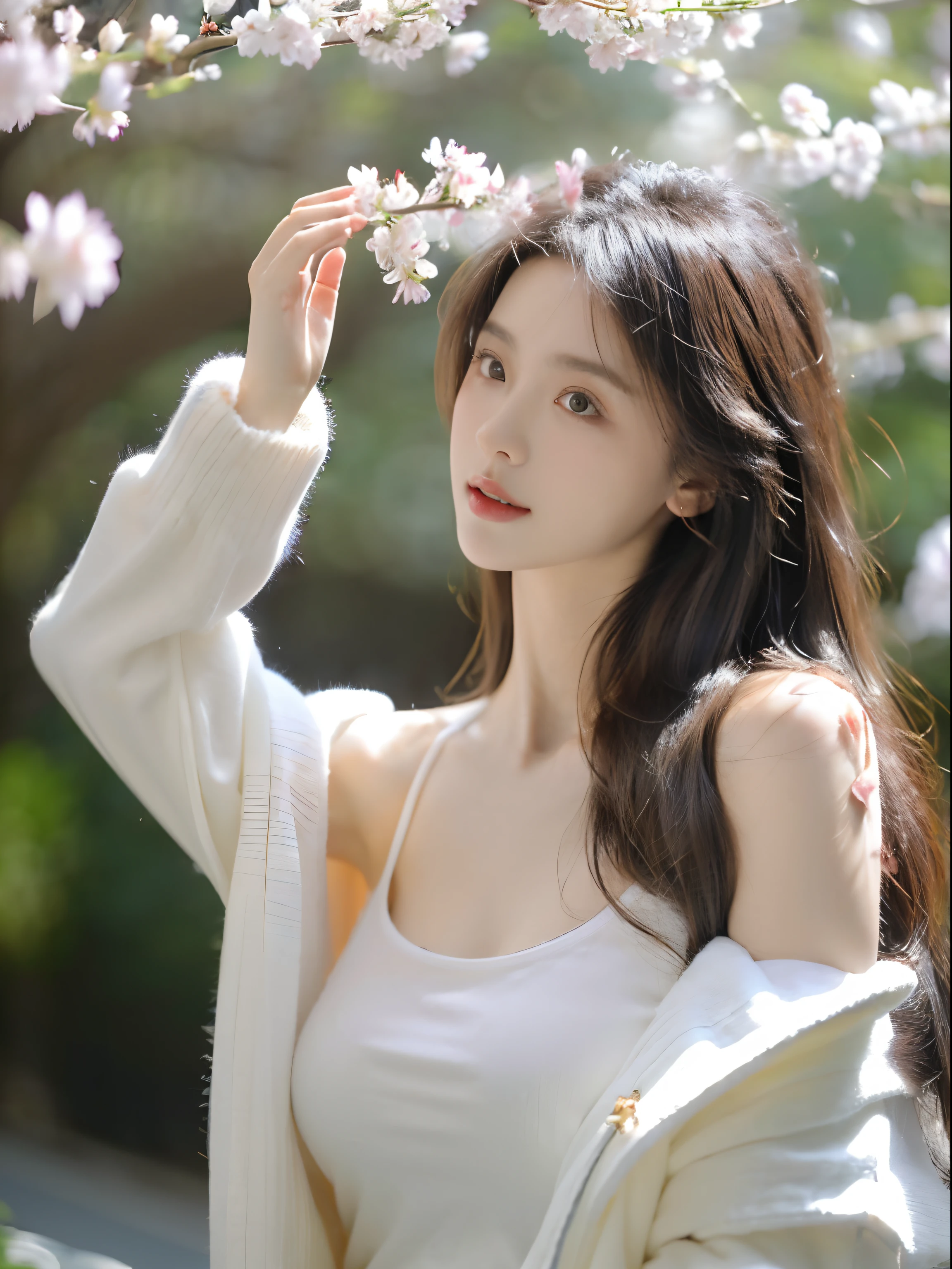 (8k, RAW photo, best quality, masterpiece:1.2), (realistic, photo-realistic:1.5), natural light, girl, beautiful girl, long hair, brown hair, brown eyes, ultra-detailed beautiful face, looking at viewers, big breast, white tanktop, standing, seductive pose, (background, garden, japan scenery, sakura, sakura petal, indoor)