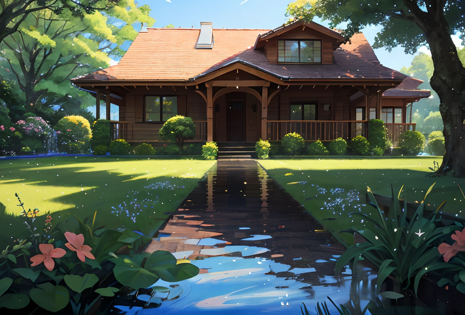 Summer,grassy fields,A few small flowers,Clear water,ultraclear,tmasterpiece,A high resolution,The house was flooded,moss,