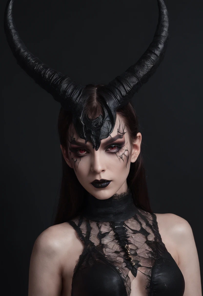demon woman with horns dressed in fetish lingerie posing for a photo in a dark minimal studio, darksynth aesthetic, minimal background, goth makeup, bizarre fashion photography, ultra detailed, masterpiece.