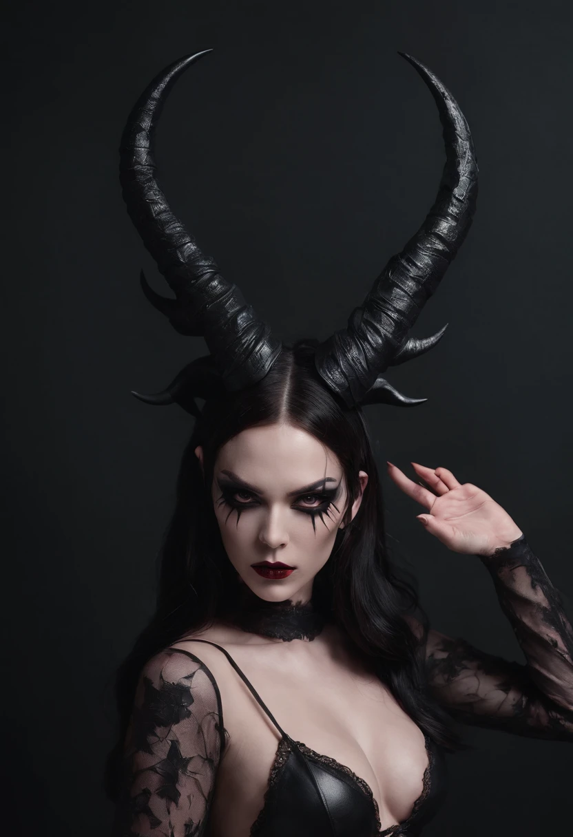 demon woman with horns dressed in fetish lingerie posing for a photo in a dark minimal studio, darksynth aesthetic, minimal background, goth makeup, bizarre fashion photography, ultra detailed, masterpiece.