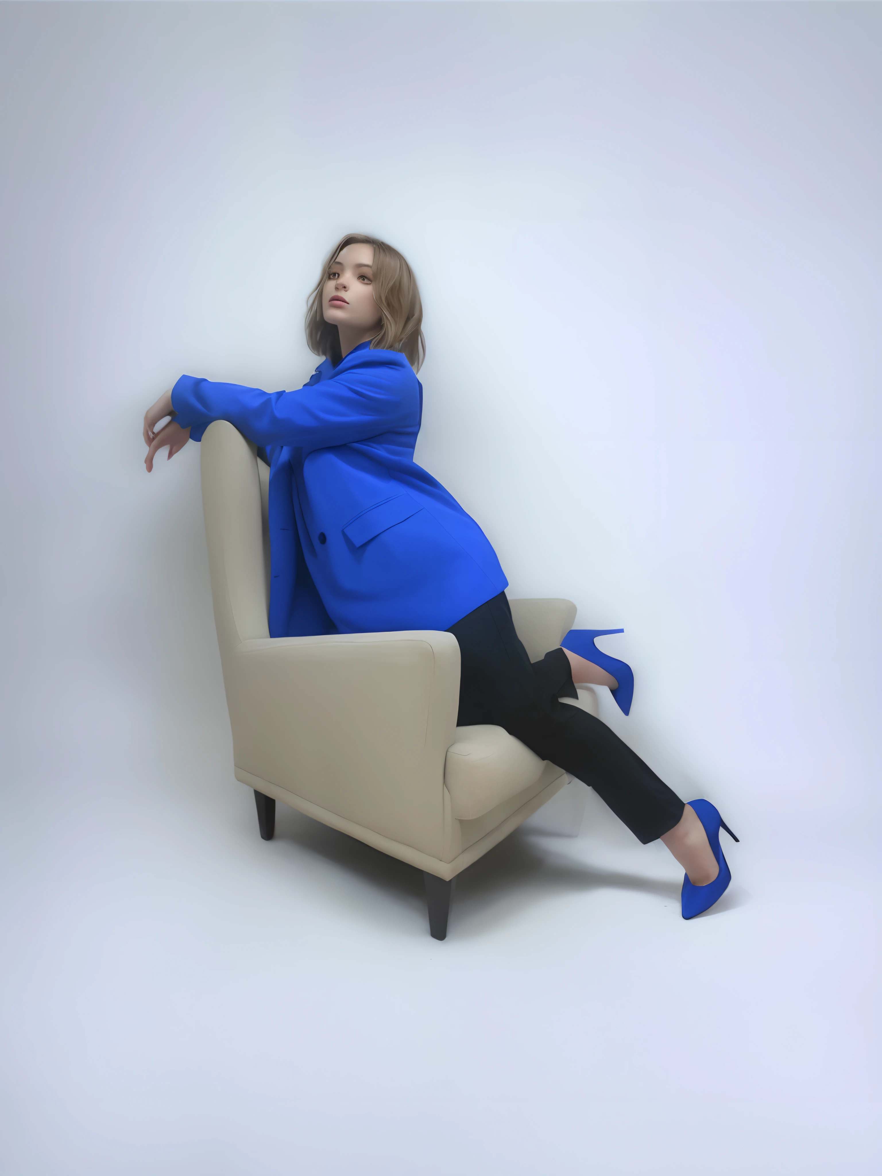 Woman sitting in chair with outstretched arms, Performing an elegant pose, in the style of Britt Marling, sitting in a chair, Advertising photo shoot, Random Pose, an artistic pose, sits on a chair, Striking a pose, sitting on a chair, blue coat, sitting in chair, very artistic pose, high - end fashion photoshoot, White Studio